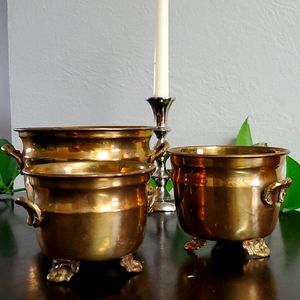 Set of 3 Vintage Solid Brass Pots